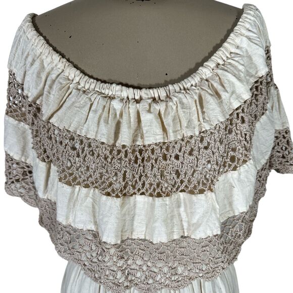 Vintage Monica Richards Boho Mexican Off Shoulder Linen Dress Cottage Ethnic - Picture 4 of 10